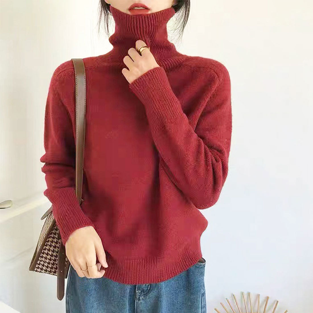 デューリリー Dewlily タートルネックセーター 秋 冬 韓国ファッション 10代 20代 30代 レディース 暖かい 可愛い 大人カジュアル シンプル ハイネック ニット （レッド） レッド
