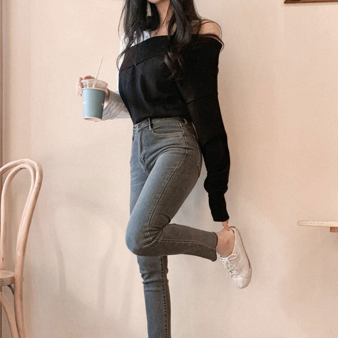 デューリリー Dewlily 切り替えアシンメトリートップス 秋 冬 韓国ファッション 10代 20代 30代 レディース 可愛い 大人カジュアル シンプル 個性的デザイン 異素材 （グレー） グレー