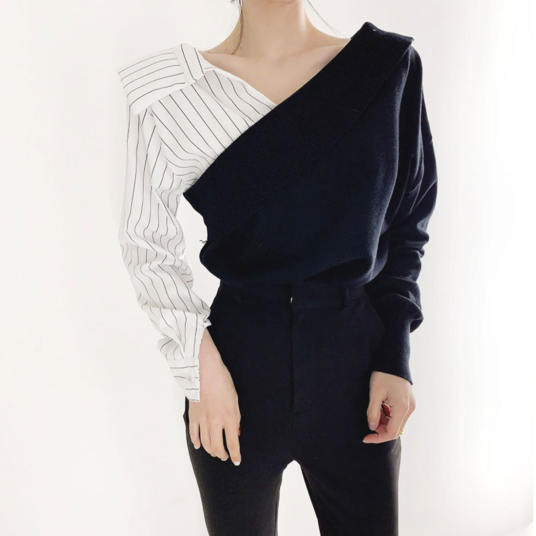 デューリリー Dewlily 切り替えアシンメトリートップス 秋 冬 韓国ファッション 10代 20代 30代 レディース 可愛い 大人カジュアル シンプル 個性的デザイン 異素材 （グレー） グレー