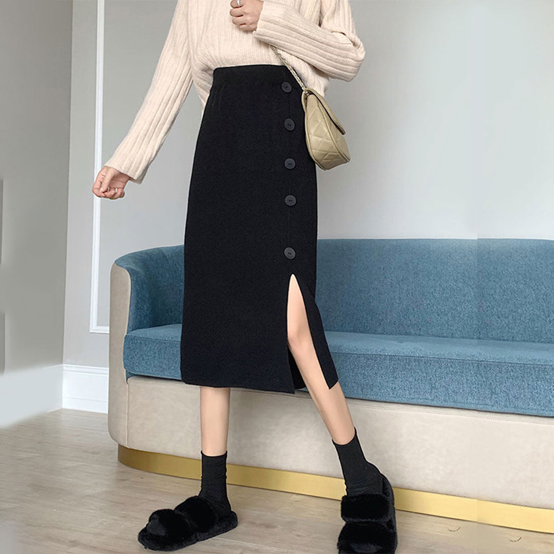 デューリリー Dewlily ボタンデザインスリットスカート レディース 10代 20代 30代 韓国ファッション 可愛い カジュアル 大人 ニット ゴム 春 秋 冬 ミモレ丈 黒