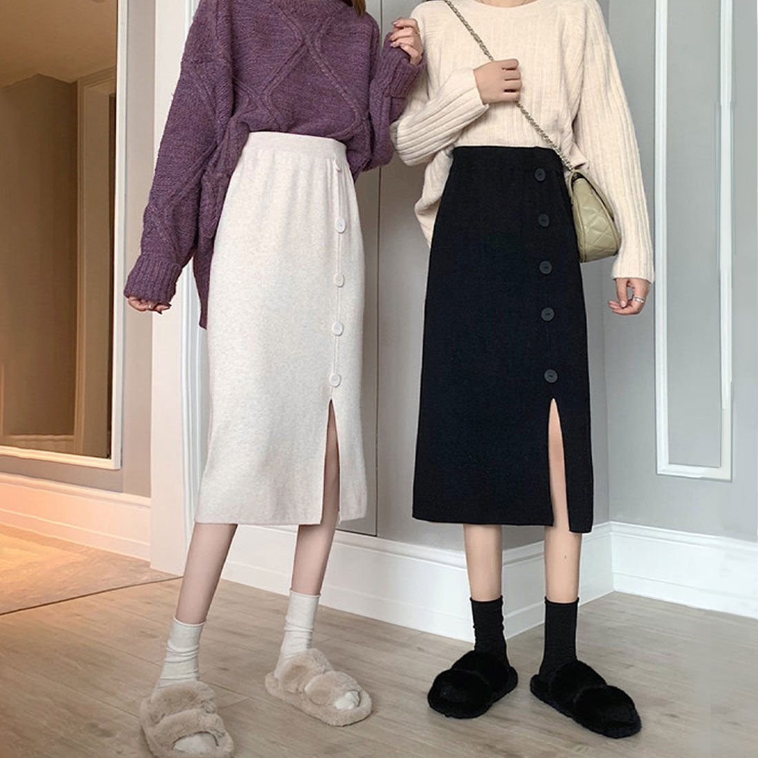 デューリリー Dewlily ボタンデザインスリットスカート レディース 10代 20代 30代 韓国ファッション 可愛い カジュアル 大人 ニット ゴム 春 秋 冬 ミモレ丈 黒