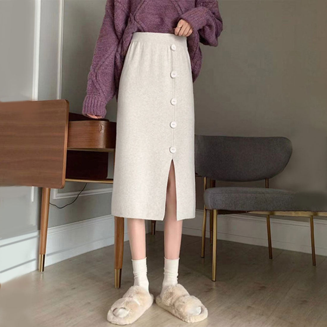 デューリリー Dewlily ボタンデザインスリットスカート レディース 10代 20代 30代 韓国ファッション 可愛い カジュアル 大人 ニット ゴム 春 秋 冬 ミモレ丈 黒