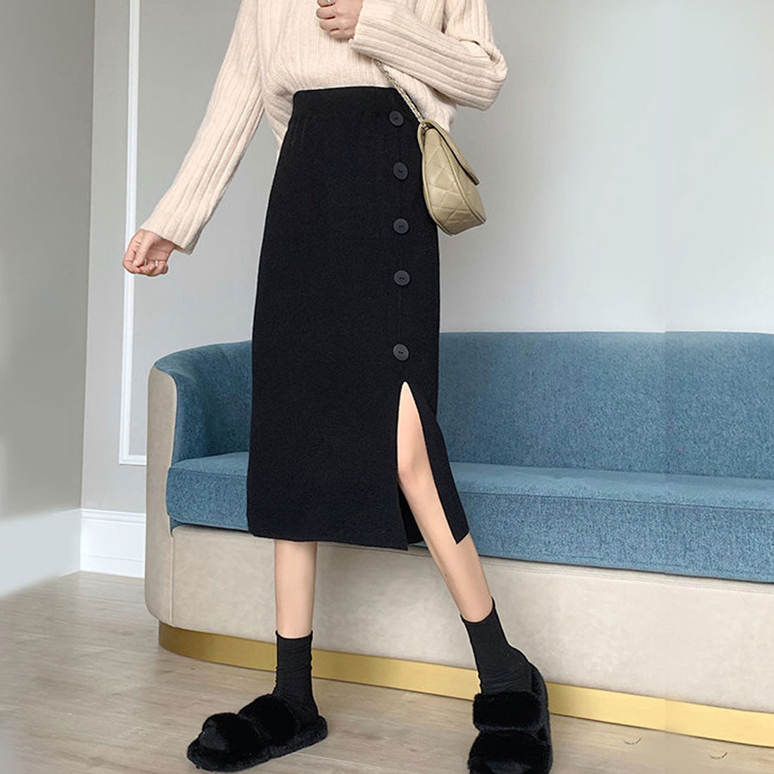 デューリリー Dewlily ボタンデザインスリットスカート レディース 10代 20代 30代 韓国ファッション 可愛い カジュアル 大人 ニット ゴム 春 秋 冬 ミモレ丈 黒