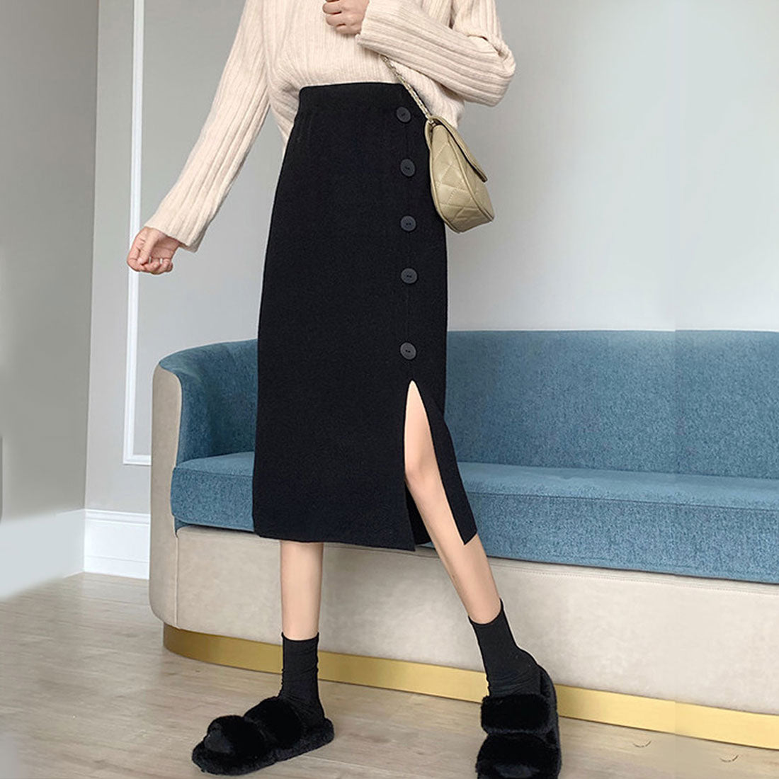 デューリリー Dewlily ボタンデザインスリットスカート レディース 10代 20代 30代 韓国ファッション 可愛い カジュアル 大人 ニット ゴム 春 秋 冬 ミモレ丈 黒
