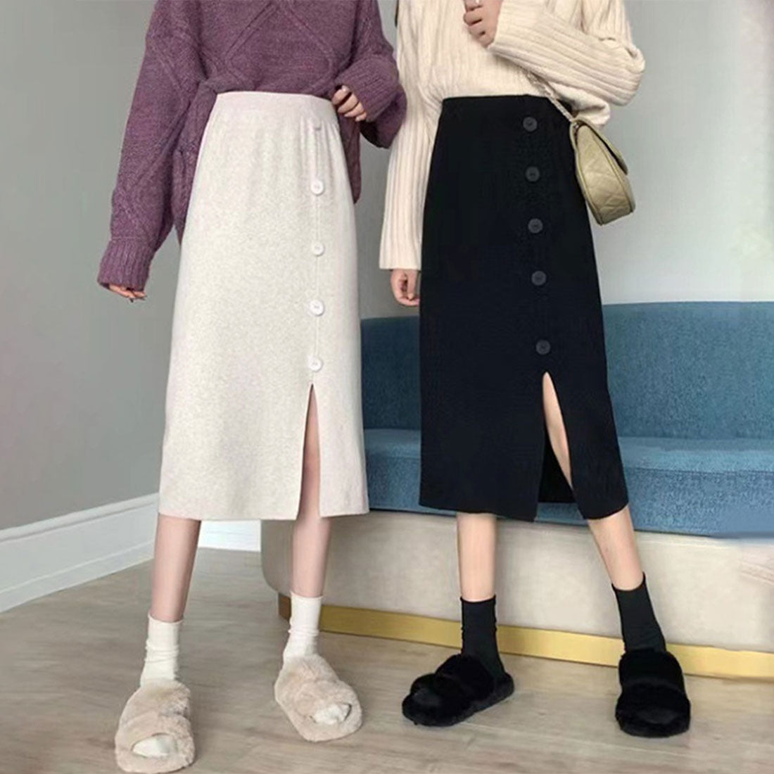 デューリリー Dewlily ボタンデザインスリットスカート レディース 10代 20代 30代 韓国ファッション 可愛い カジュアル 大人 ニット ゴム 春 秋 冬 ミモレ丈 黒