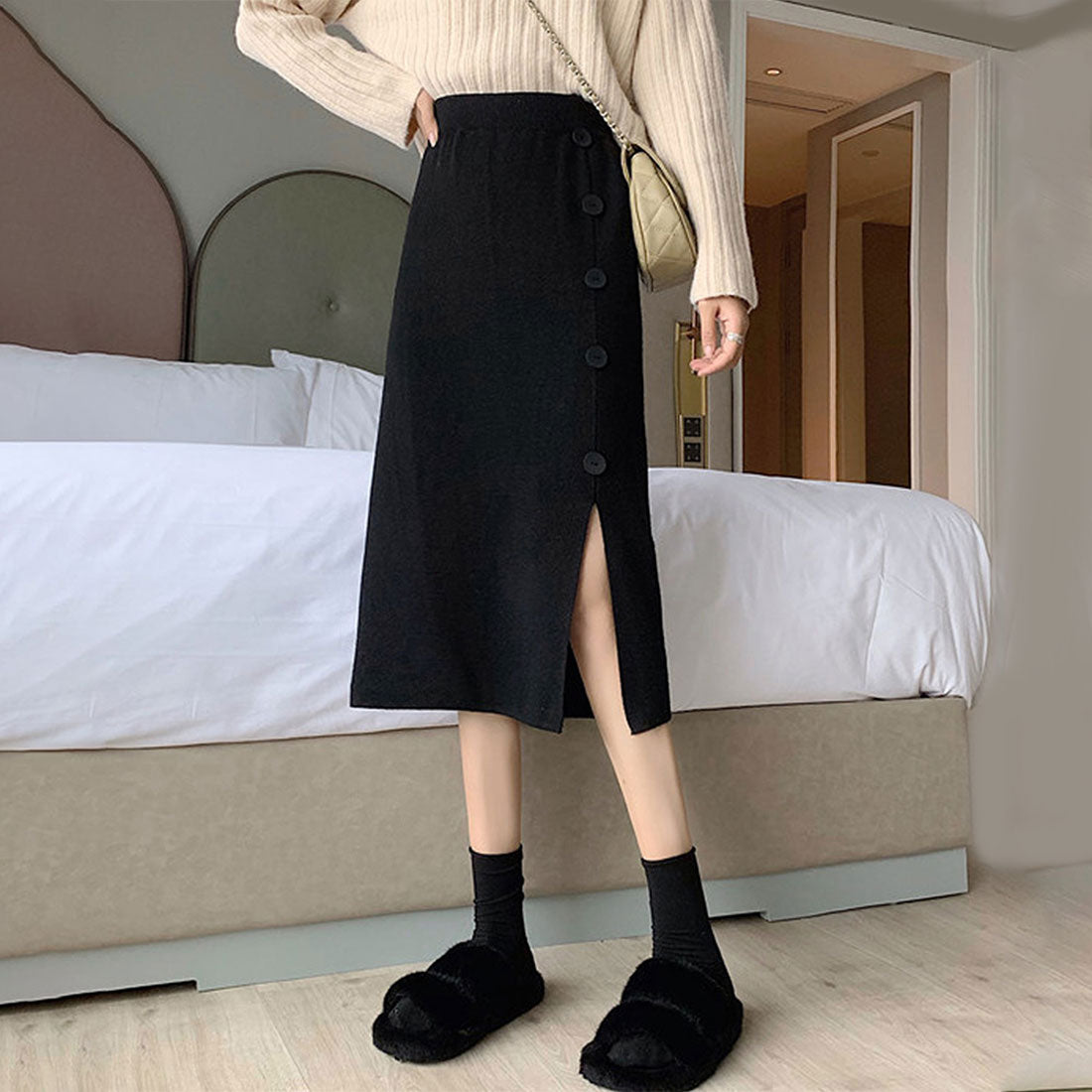 デューリリー Dewlily ボタンデザインスリットスカート レディース 10代 20代 30代 韓国ファッション 可愛い カジュアル 大人 ニット ゴム 春 秋 冬 ミモレ丈 黒,ブラック