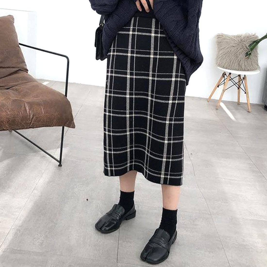 デューリリー Dewlily チェック柄ニットスカート レディース 10代 20代 30代 韓国ファッション 春 秋 冬 可愛い 大人カジュアル シンプル 上品 デート 黒,ブラック