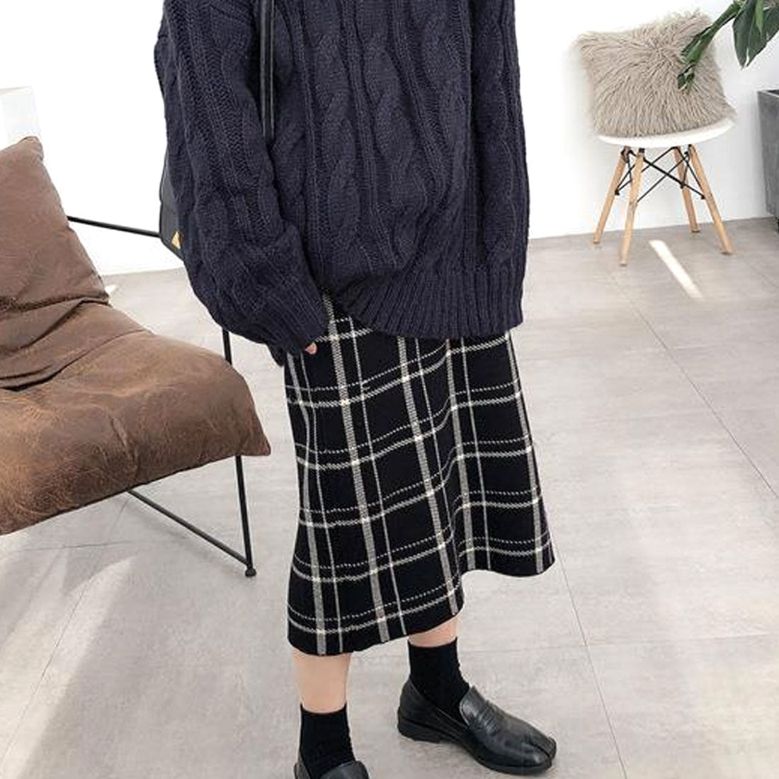 デューリリー Dewlily チェック柄ニットスカート レディース 10代 20代 30代 韓国ファッション 春 秋 冬 可愛い 大人カジュアル シンプル 上品 デート 黒