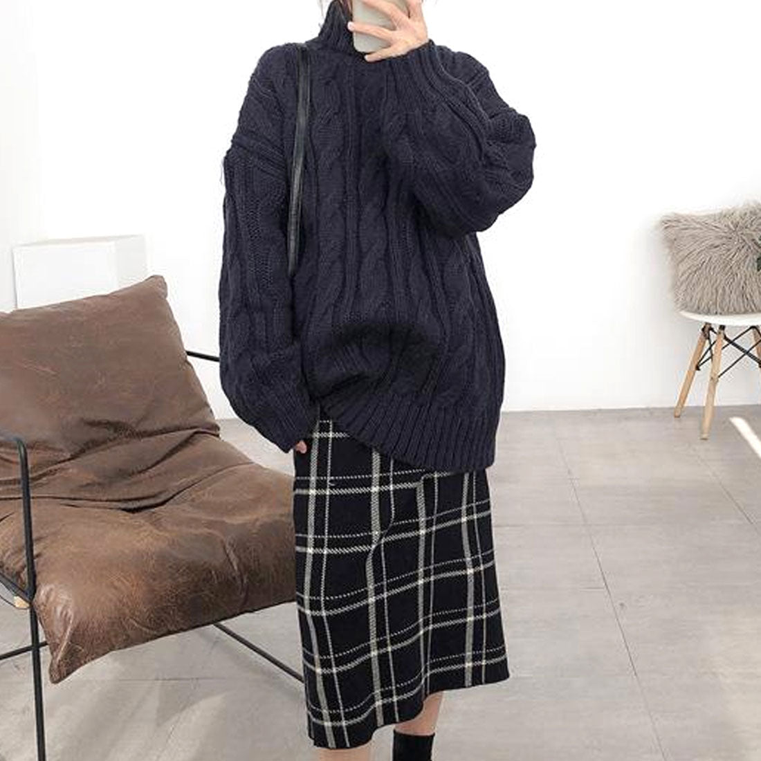 デューリリー Dewlily チェック柄ニットスカート レディース 10代 20代 30代 韓国ファッション 春 秋 冬 可愛い 大人カジュアル シンプル 上品 デート 黒