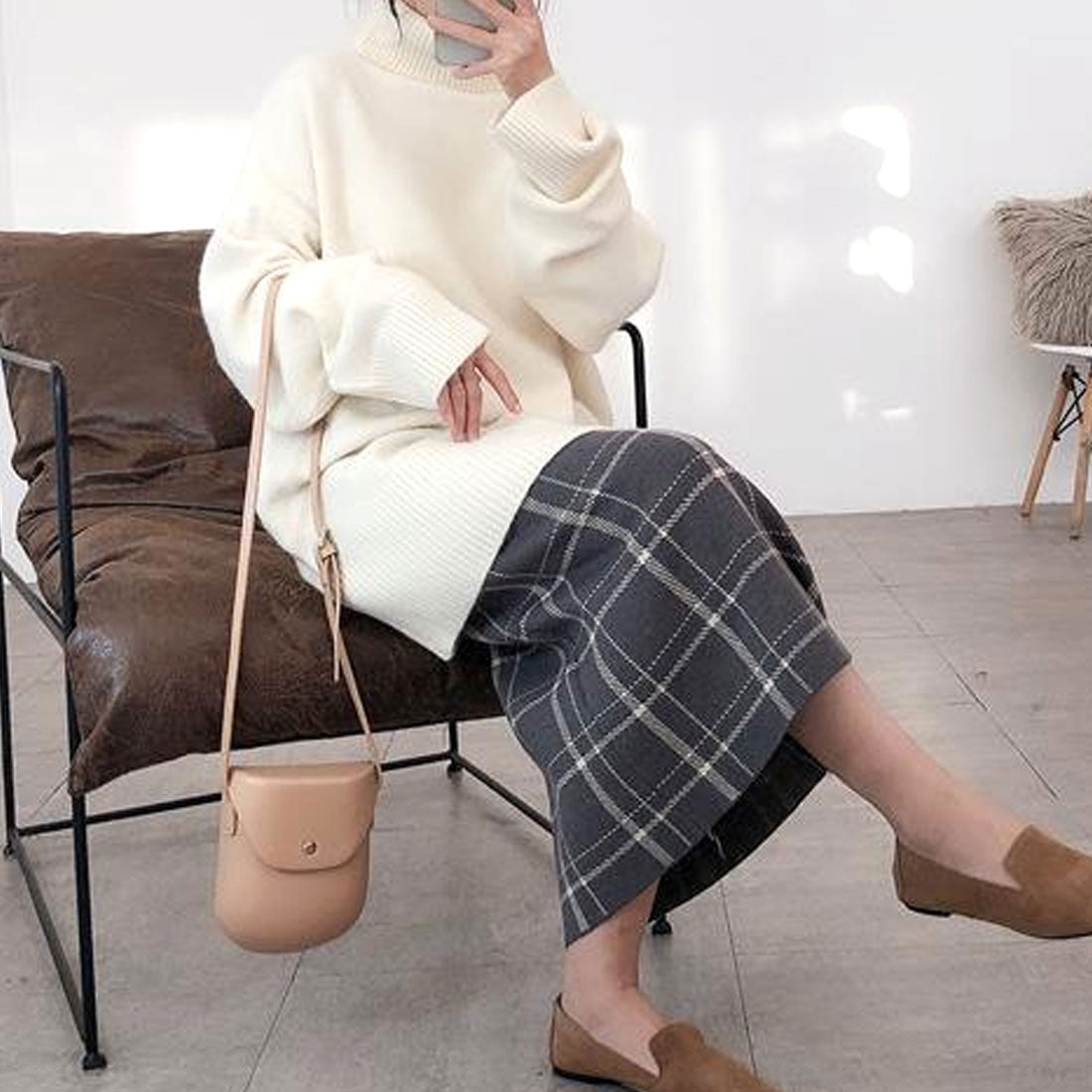 デューリリー Dewlily チェック柄ニットスカート レディース 10代 20代 30代 韓国ファッション 春 秋 冬 可愛い 大人カジュアル シンプル 上品 デート 黒