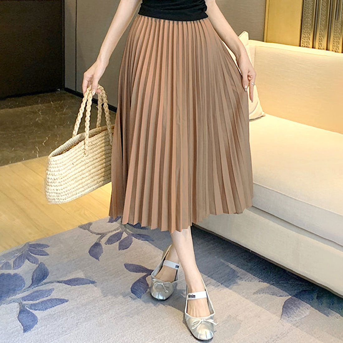 デューリリー Dewlily ロングプリーツスカート レディース 10代 20代 30代 韓国ファッション カジュアル 春 夏 秋 可愛い おしゃれ Aライン 黒 シンプル ゴム