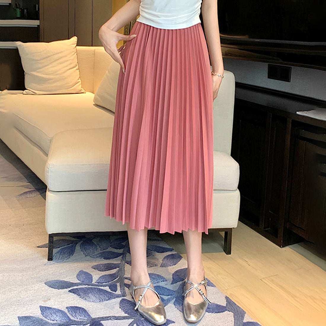 デューリリー Dewlily ロングプリーツスカート レディース 10代 20代 30代 韓国ファッション カジュアル 春 夏 秋 可愛い おしゃれ Aライン 黒 シンプル ゴム