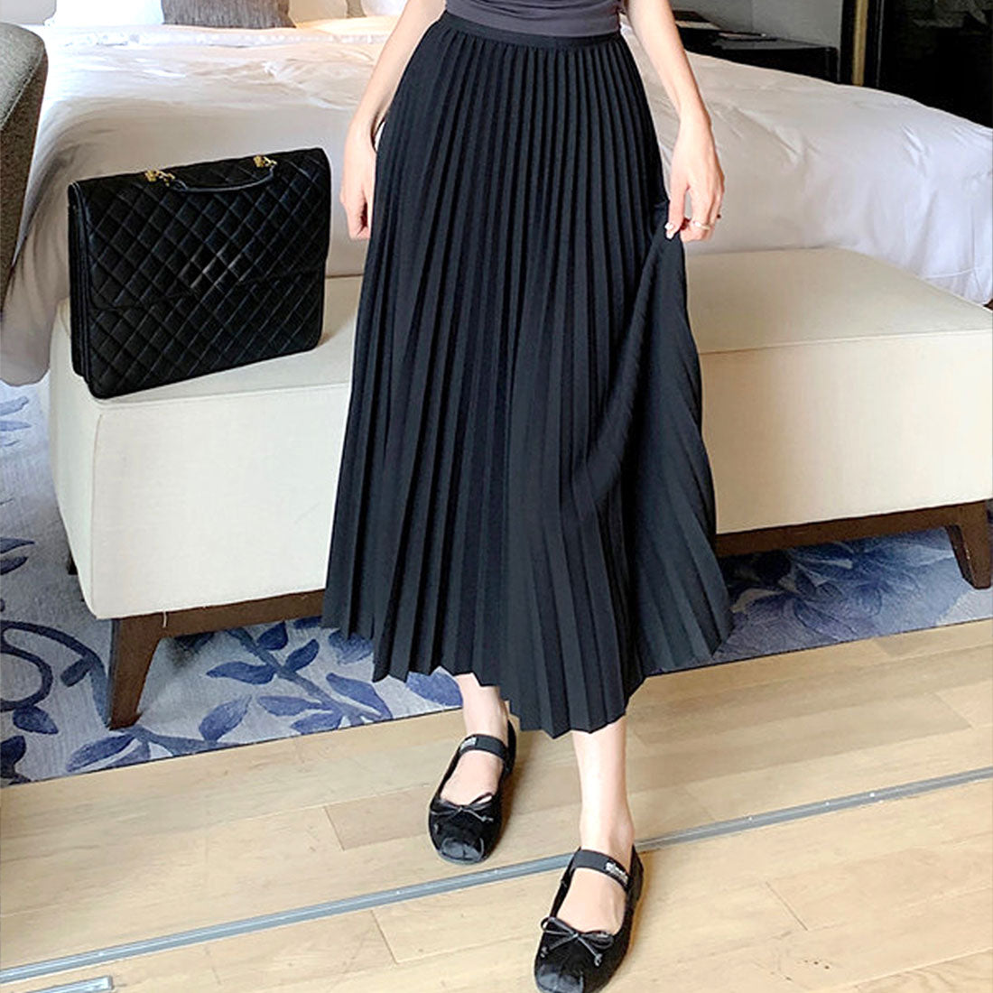 デューリリー Dewlily ロングプリーツスカート レディース 10代 20代 30代 韓国ファッション カジュアル 春 夏 秋 可愛い おしゃれ Aライン 黒 シンプル ゴム