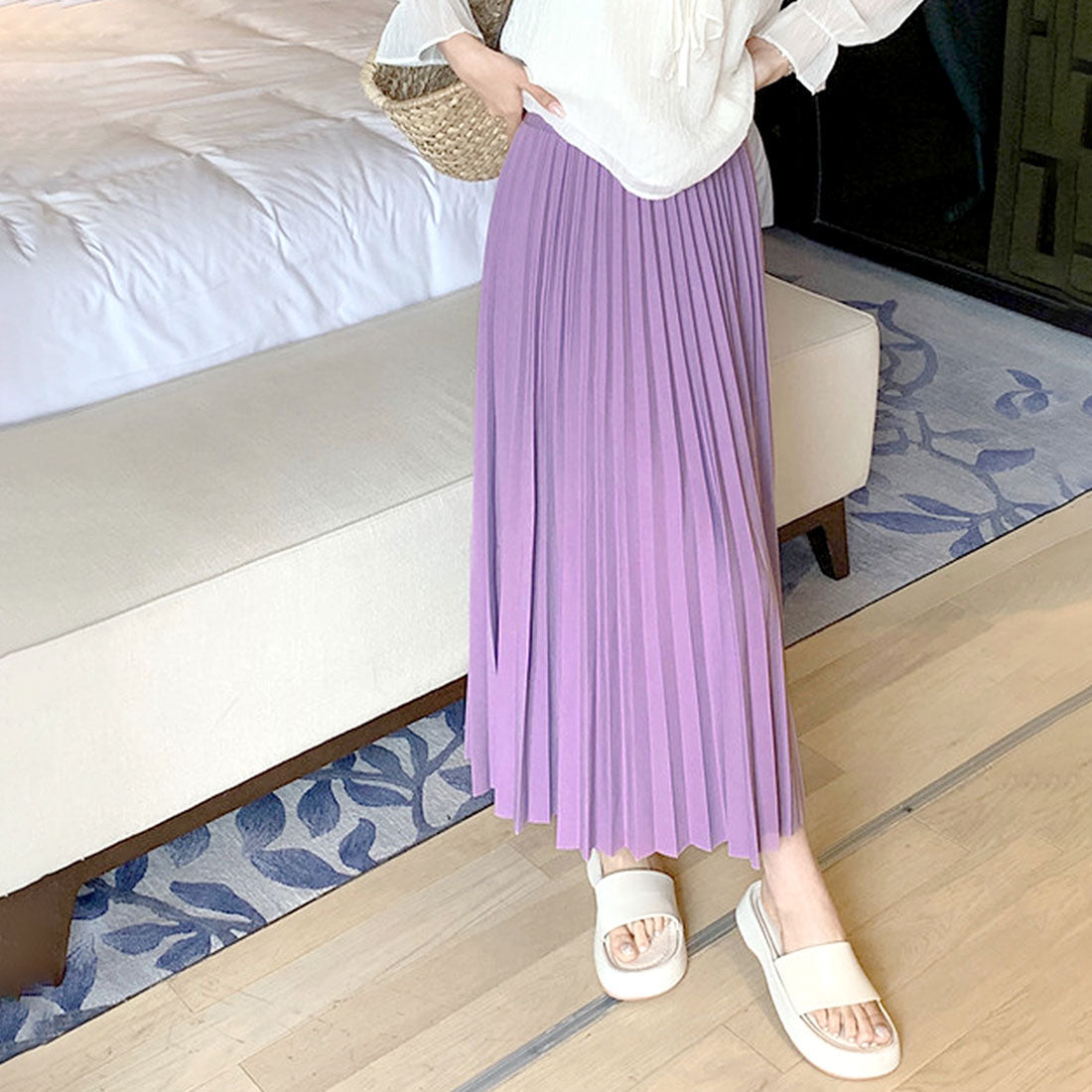 デューリリー Dewlily ロングプリーツスカート レディース 10代 20代 30代 韓国ファッション カジュアル 春 夏 秋 可愛い おしゃれ Aライン 黒 シンプル ゴム