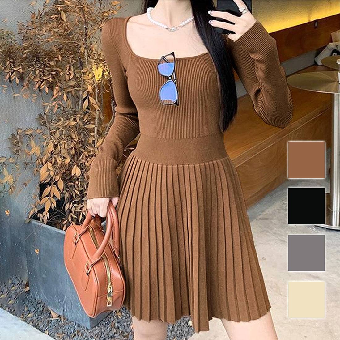Dewlily Knit Pleated Dress for Women, Teens, 20s, 30s, Korean Fashion, Casual, Long Sleeve, Mini, Square Neck, Spring, Autumn, Winter, Solid Color, Simple