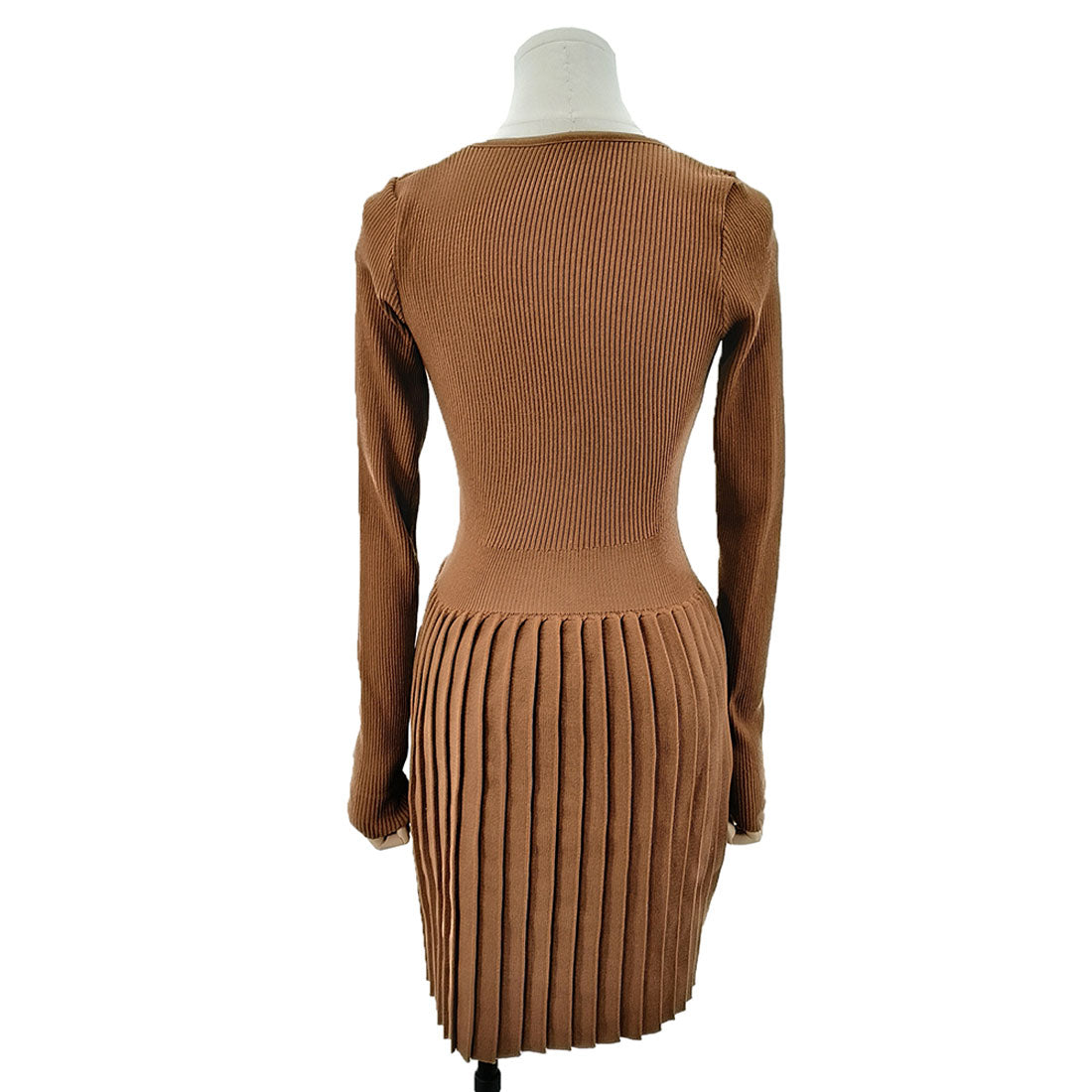 Dewlily Knit Pleated Dress for Women, Teens, 20s, 30s, Korean Fashion, Casual, Long Sleeve, Mini, Square Neck, Spring, Autumn, Winter, Solid Color, Simple