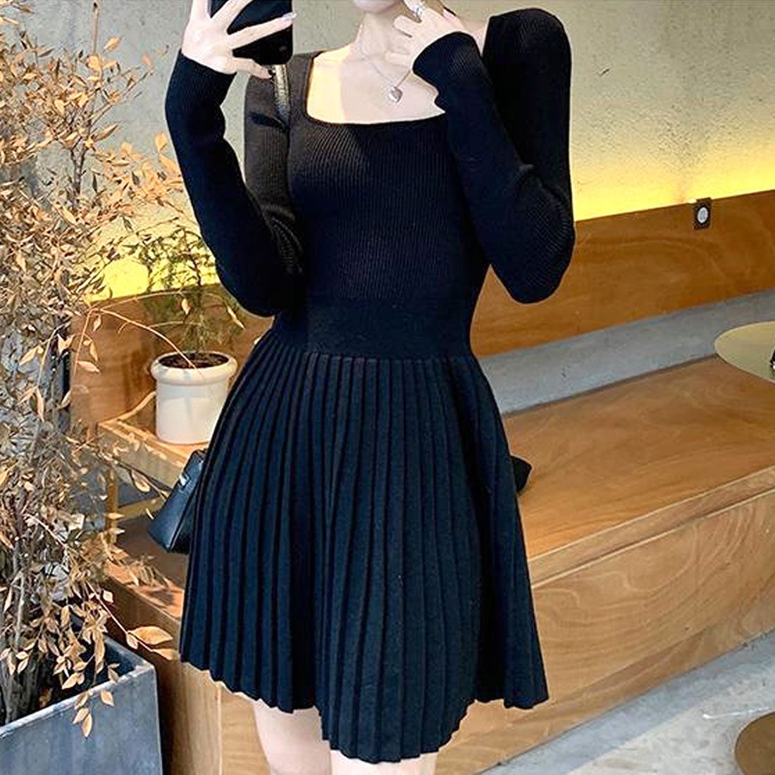 Dewlily Knit Pleated Dress for Women, Teens, 20s, 30s, Korean Fashion, Casual, Long Sleeve, Mini, Square Neck, Spring, Autumn, Winter, Solid Color, Simple