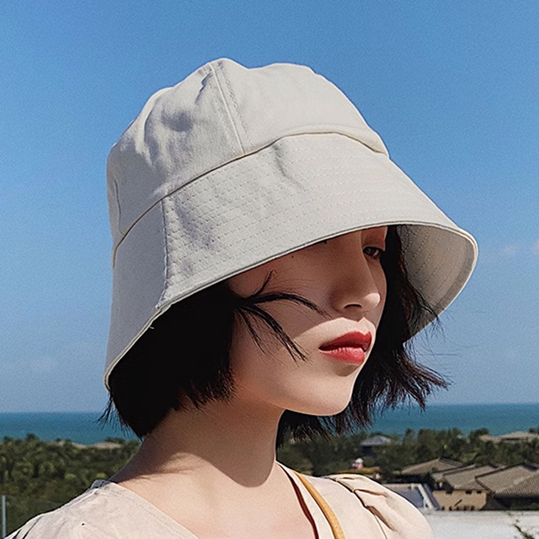 Dewlly 寬簷漁夫帽女式青少年 20 多歲 30 多歲韓國時尚休閒帽子素色簡約可愛優雅時尚黑白遮陽帽