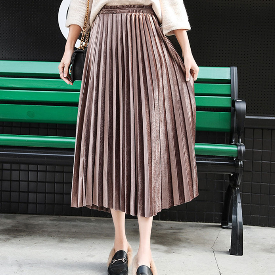 デューリリー Dewlily ベロアプリーツロングスカート レディース 10代 20代 30代 韓国ファッション 春 夏 秋 冬 カジュアル かわいい おしゃれ シンプル ミモレ丈