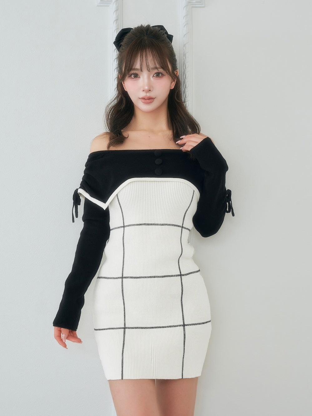ダーリッチ Darich オフショルレースアップリボンニットミニワンピース