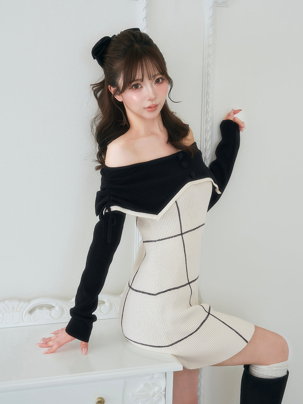 ダーリッチ Darich オフショルレースアップリボンニットミニワンピース