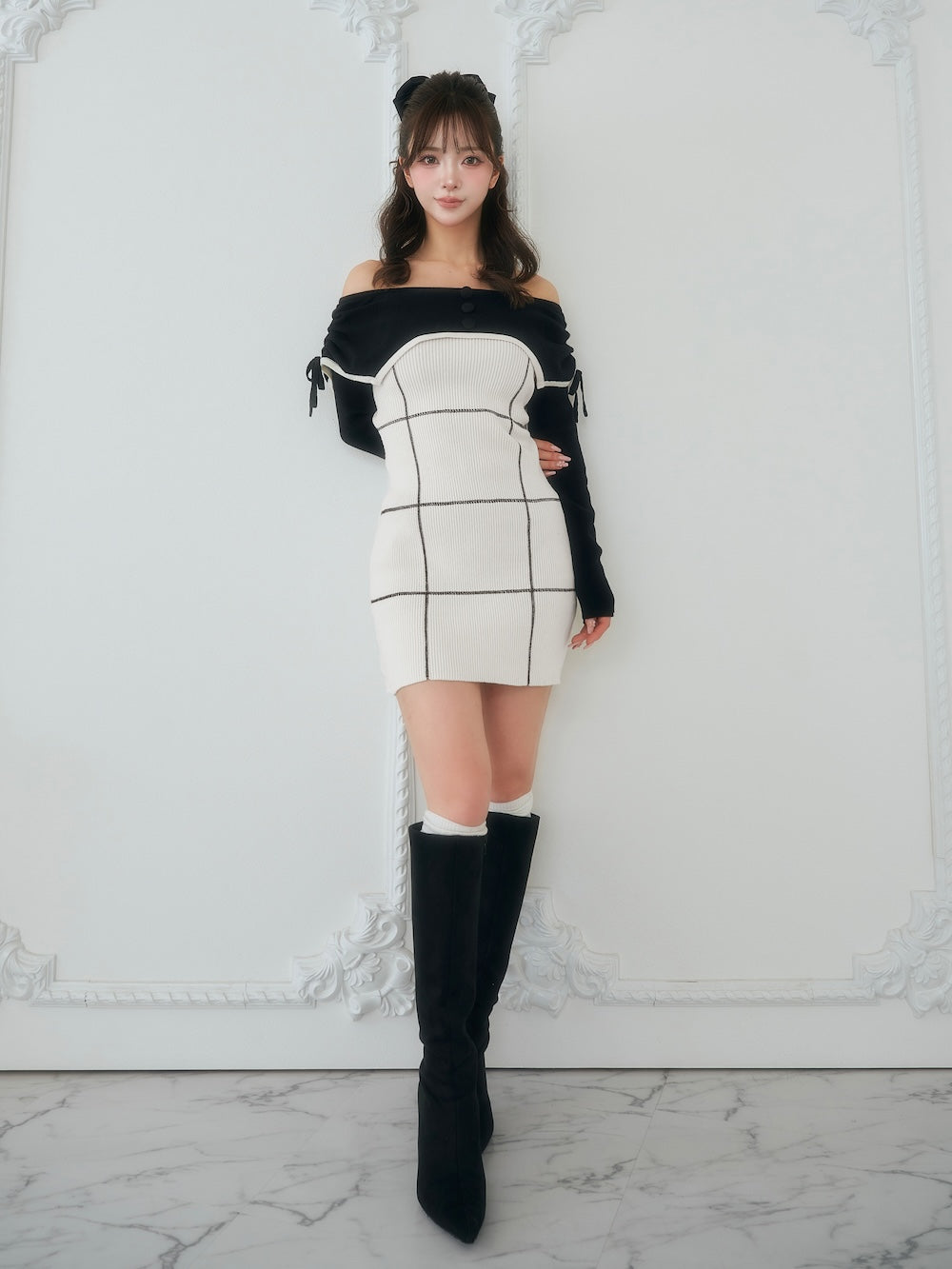 ダーリッチ Darich オフショルレースアップリボンニットミニワンピース