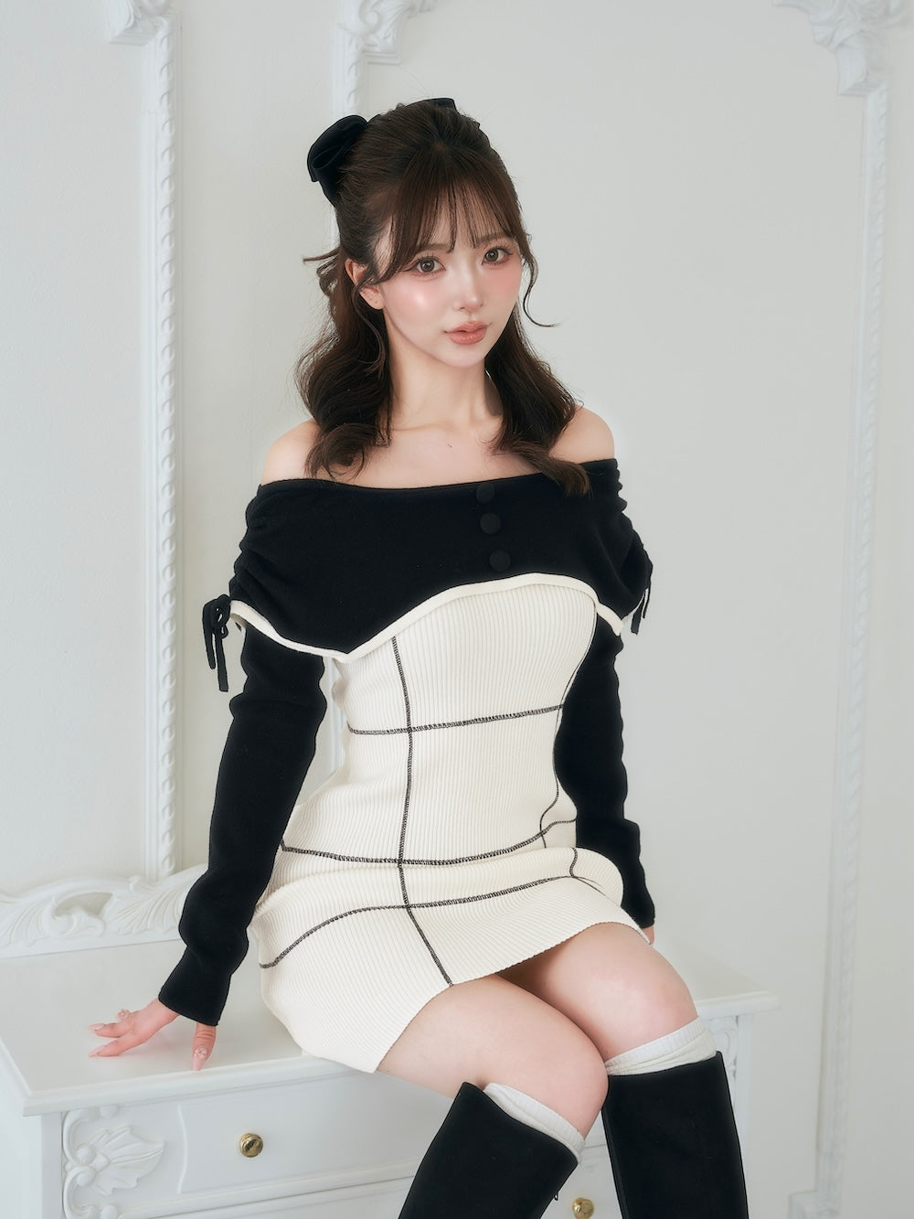 ダーリッチ Darich オフショルレースアップリボンニットミニワンピース