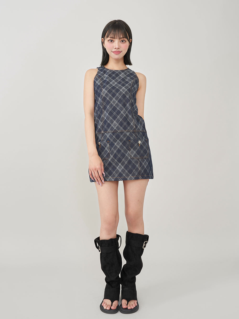 ダーリッチ Darich バイヤスチェックデニムミニワンピース （ブルー） ブルー