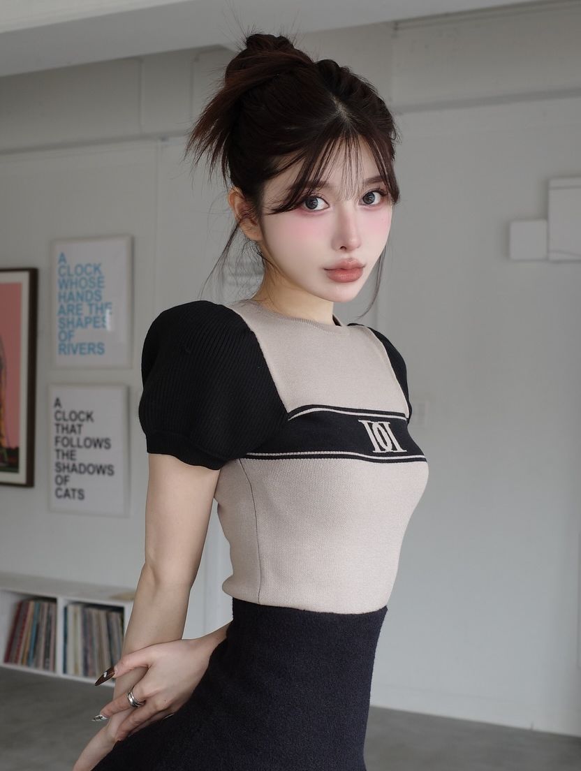 ダーリッチ Darich DDロゴバイカラーニットトップス,ベージュ