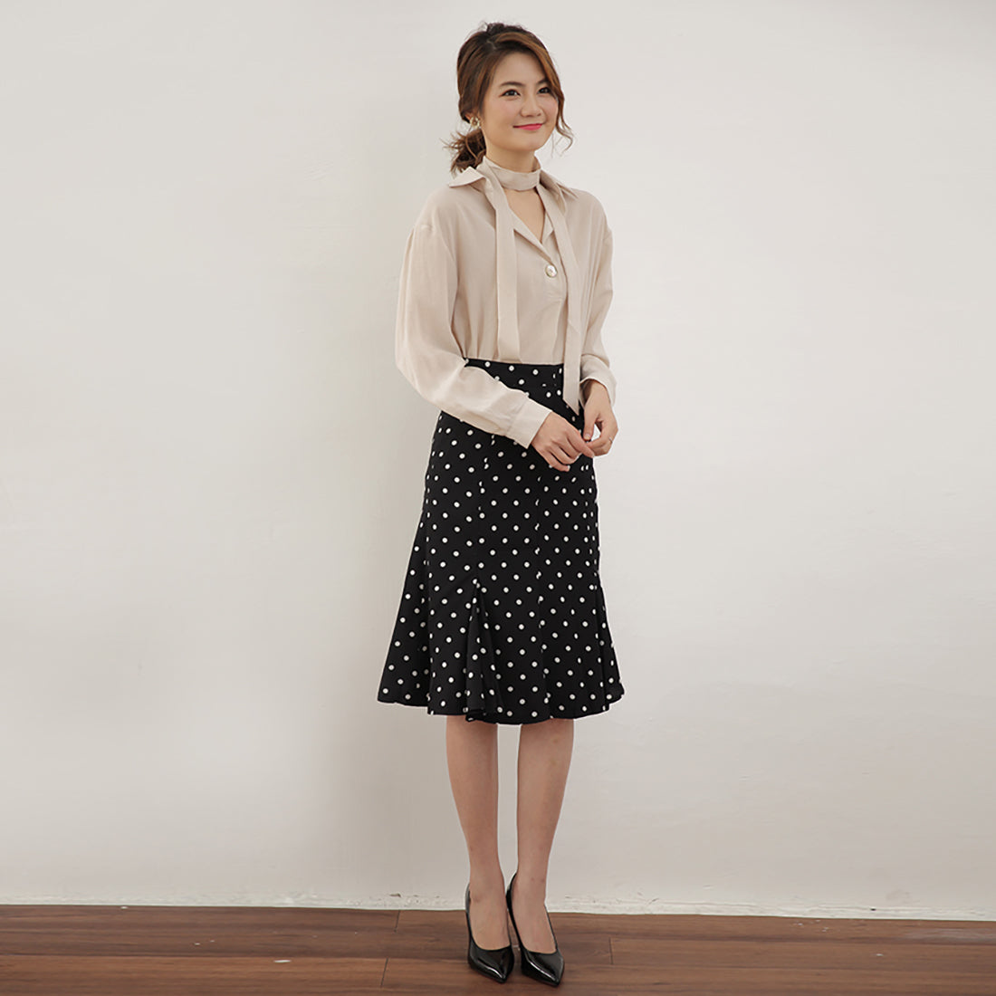 ドゥー ベル Doux Belle 共布のベルト付きのスキッパーシャツ