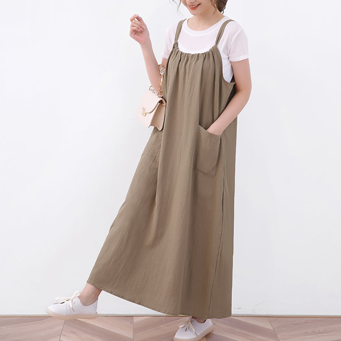 ドゥー ベル Doux Belle ジャンパーワンピース ロングワンピース ロングワンピ ノースリーブ リボン マキシワンピース,キャメル