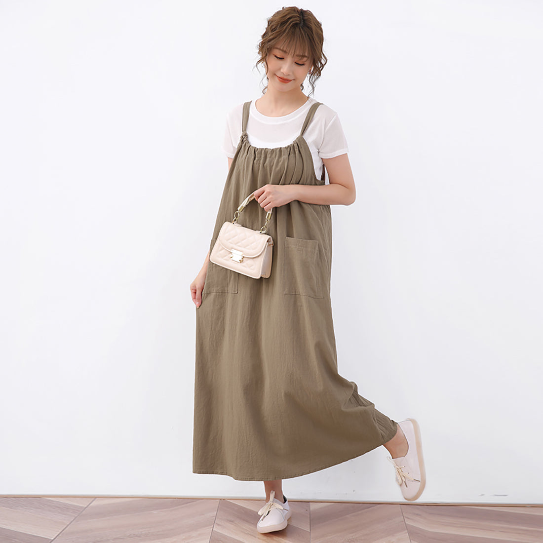 ドゥー ベル Doux Belle ジャンパーワンピース ロングワンピース ロングワンピ ノースリーブ リボン マキシワンピース