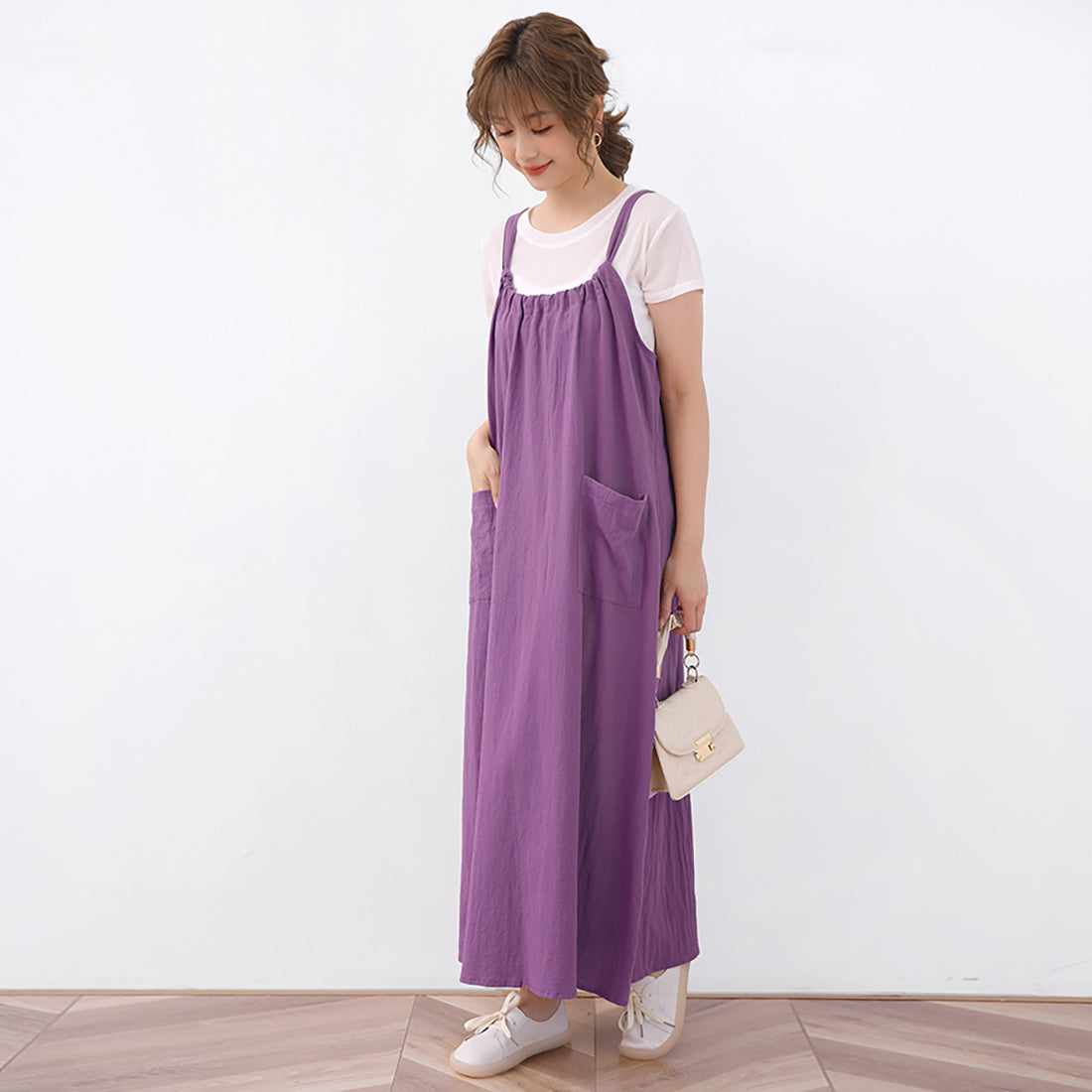 ドゥー ベル Doux Belle ジャンパーワンピース ロングワンピース ロングワンピ ノースリーブ リボン マキシワンピース