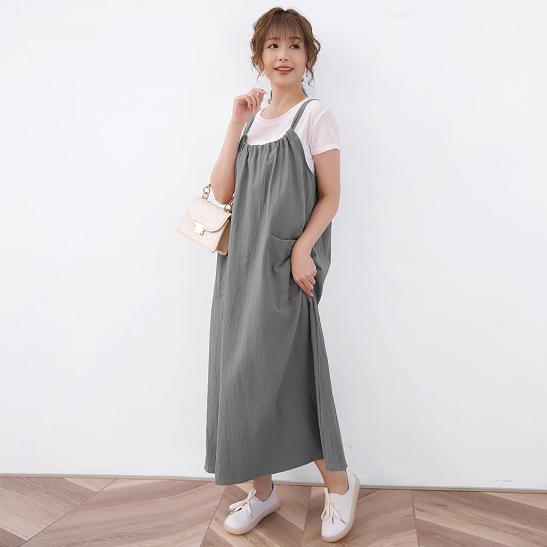 ドゥー ベル Doux Belle ジャンパーワンピース ロングワンピース ロングワンピ ノースリーブ リボン マキシワンピース