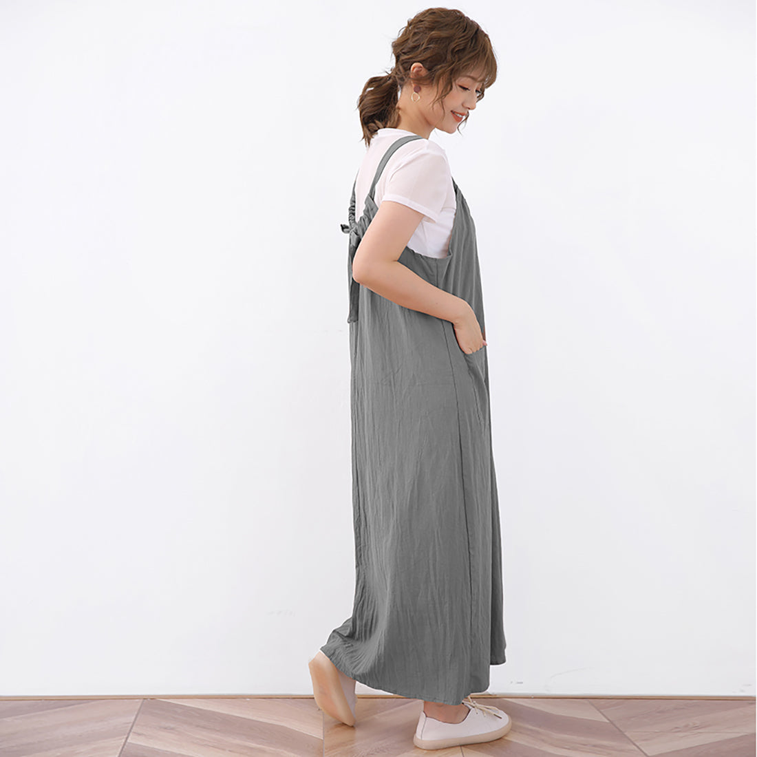 ドゥー ベル Doux Belle ジャンパーワンピース ロングワンピース ロングワンピ ノースリーブ リボン マキシワンピース