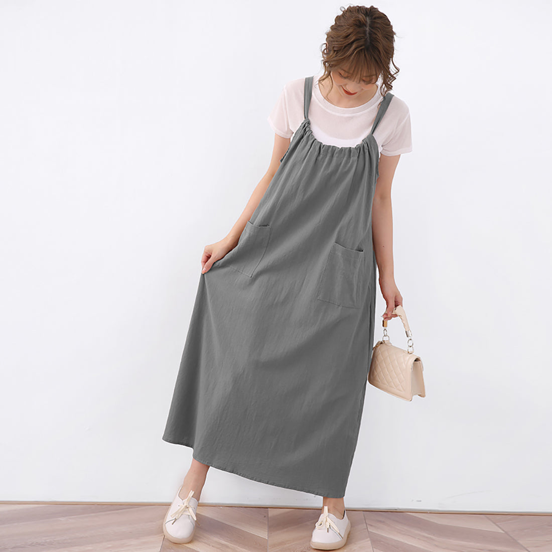ドゥー ベル Doux Belle ジャンパーワンピース ロングワンピース ロングワンピ ノースリーブ リボン マキシワンピース