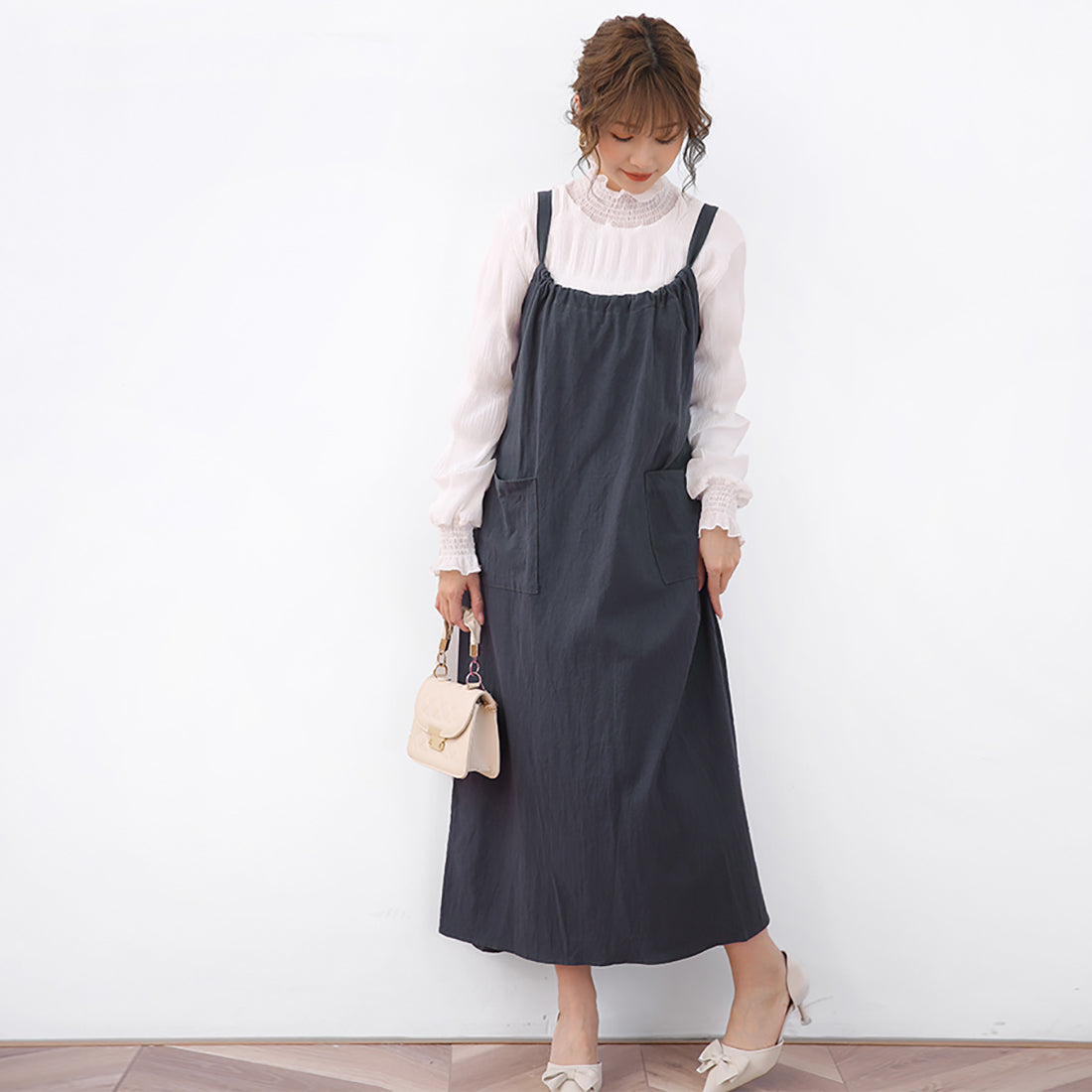 ドゥー ベル Doux Belle ジャンパーワンピース ロングワンピース ロングワンピ ノースリーブ リボン マキシワンピース