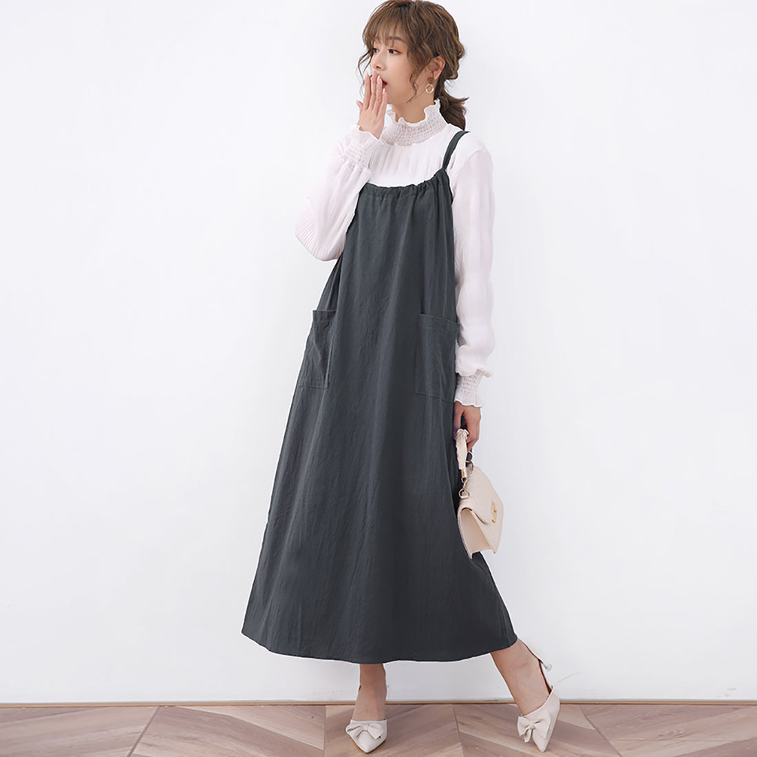 ドゥー ベル Doux Belle ジャンパーワンピース ロングワンピース ロングワンピ ノースリーブ リボン マキシワンピース