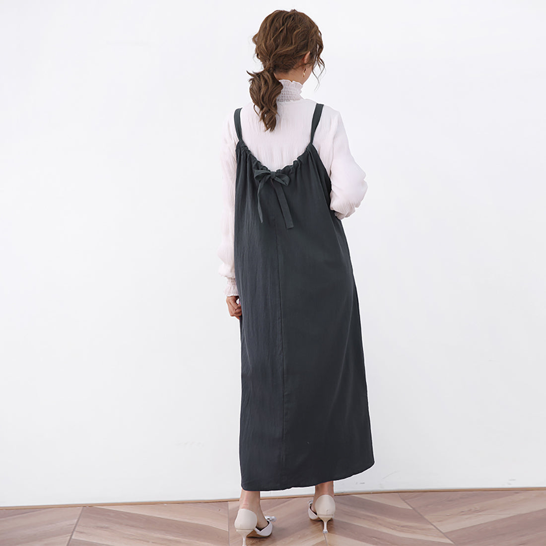 ドゥー ベル Doux Belle ジャンパーワンピース ロングワンピース ロングワンピ ノースリーブ リボン マキシワンピース