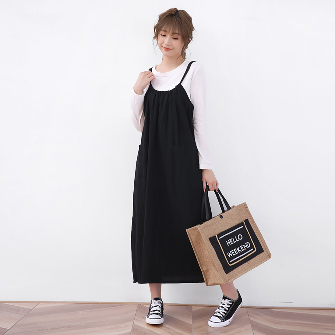 ドゥー ベル Doux Belle ジャンパーワンピース ロングワンピース ロングワンピ ノースリーブ リボン マキシワンピース