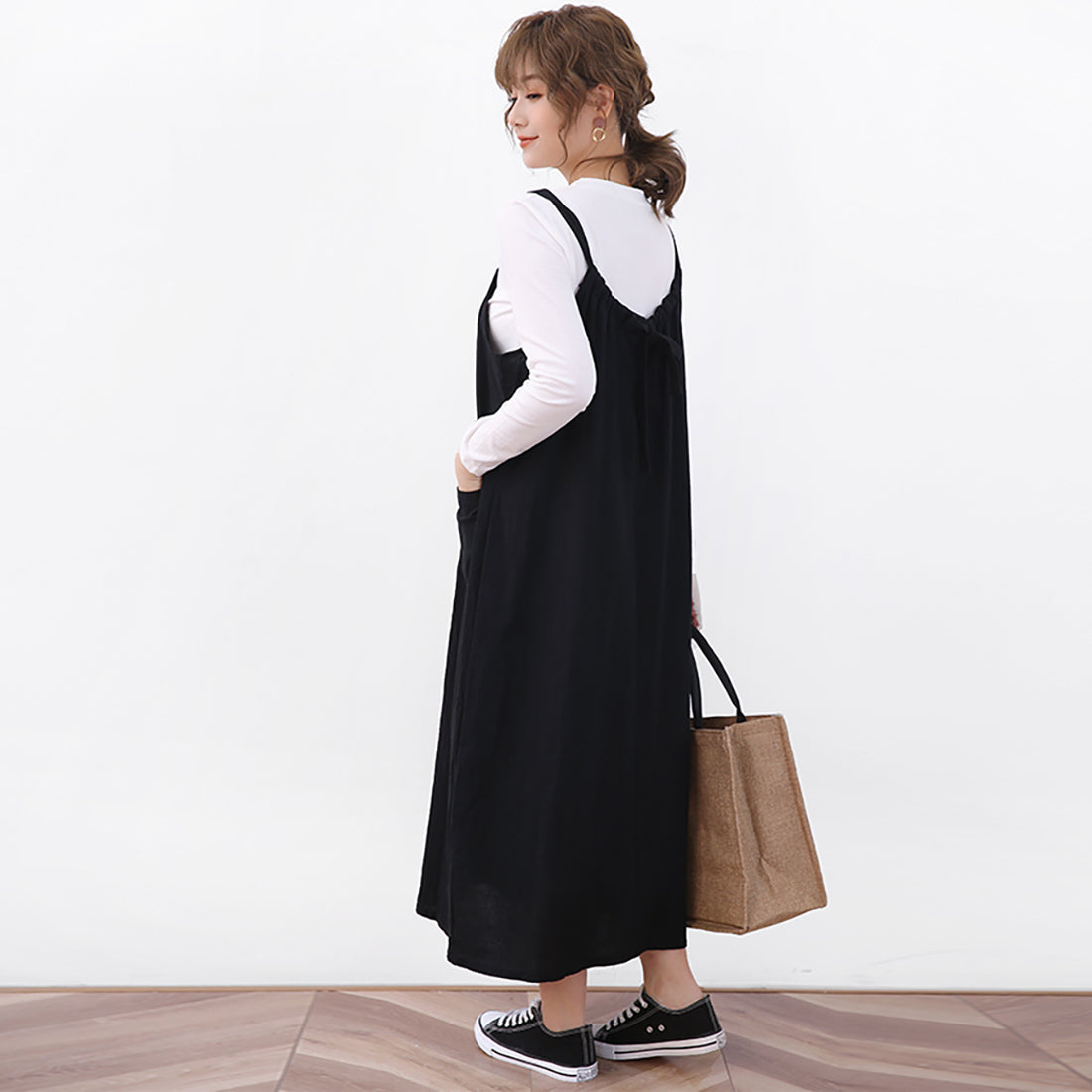 ドゥー ベル Doux Belle ジャンパーワンピース ロングワンピース ロングワンピ ノースリーブ リボン マキシワンピース