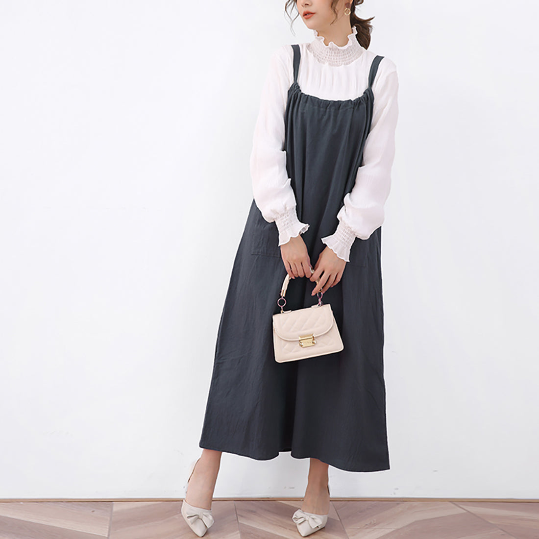 ドゥー ベル Doux Belle ジャンパーワンピース ロングワンピース ロングワンピ ノースリーブ リボン マキシワンピース,ダークグレー