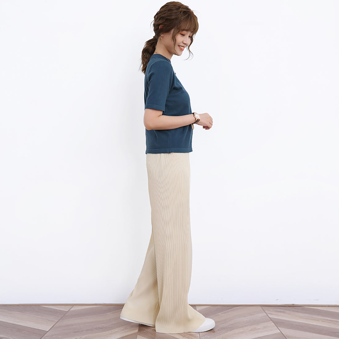 ドゥー ベル Doux Belle ボトムス プリーツパンツ レディース ロングパンツ セルフカット ストレート ストレッチ ワイドパンツ