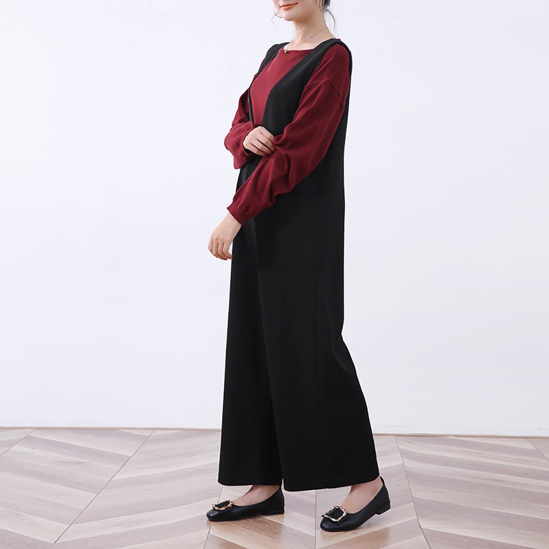 ドゥー ベル Doux Belle 秋新作 オールインワン レディース サロペット  マキシ丈 ロング丈 ゆったり 体型カバー vネック （ベージュ） ベージュ