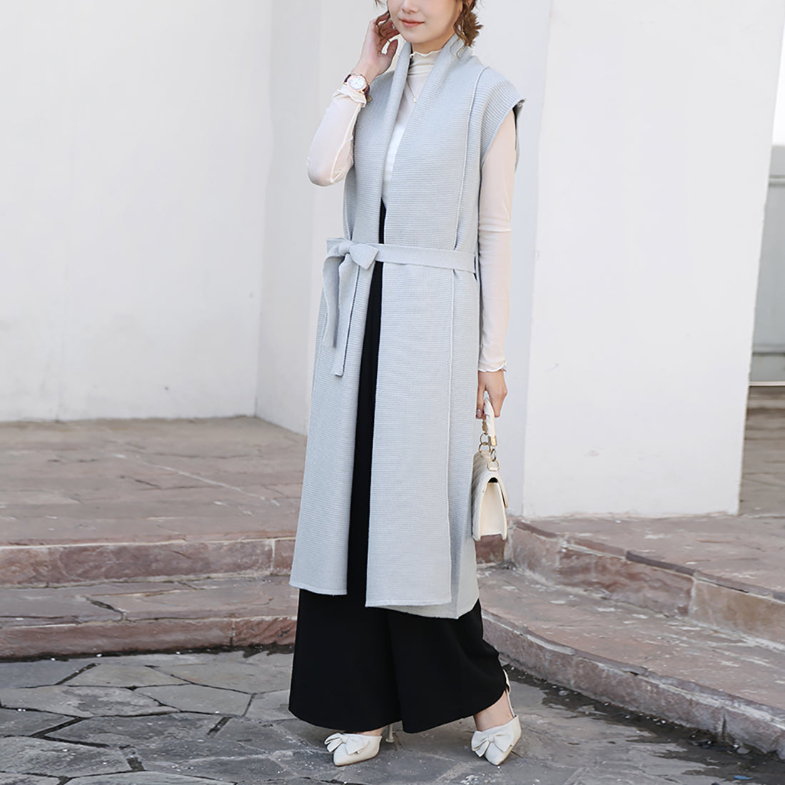 ドゥー ベル Doux Belle ニットジレ ロングジレ レディース,ライトグレー