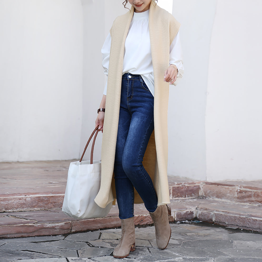 ドゥー ベル Doux Belle ニットジレ ロングジレ レディース,ベージュ