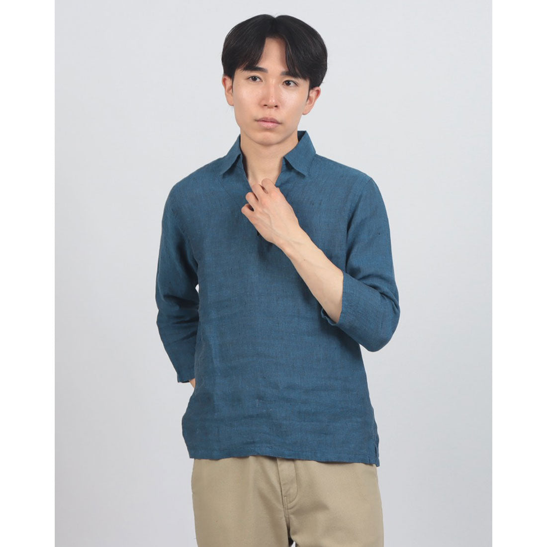 ドゥクラッセ DoCLASSE リネン・スキッパーシャツ/七分袖 （ネイビー） ネイビー