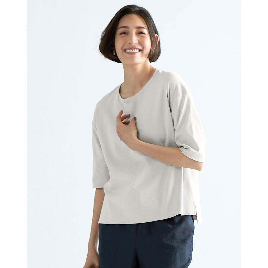 ドゥクラッセ DoCLASSE 抜け感クルーネック／5分袖・ドゥクラッセTシャツ,ライトグレー