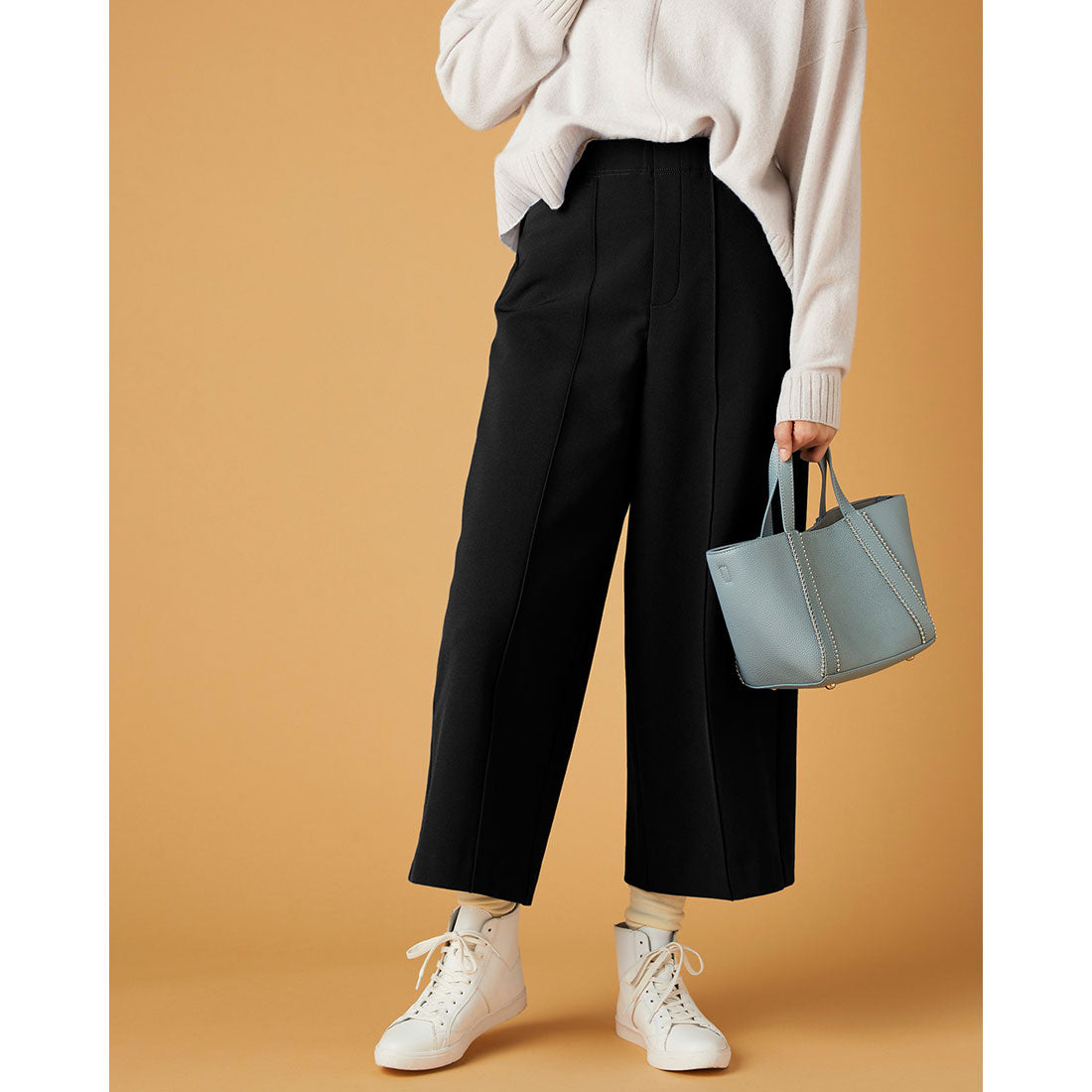 ドゥクラッセ DoCLASSE 裏起毛カルゼ・ワイドクロップド,ブラック