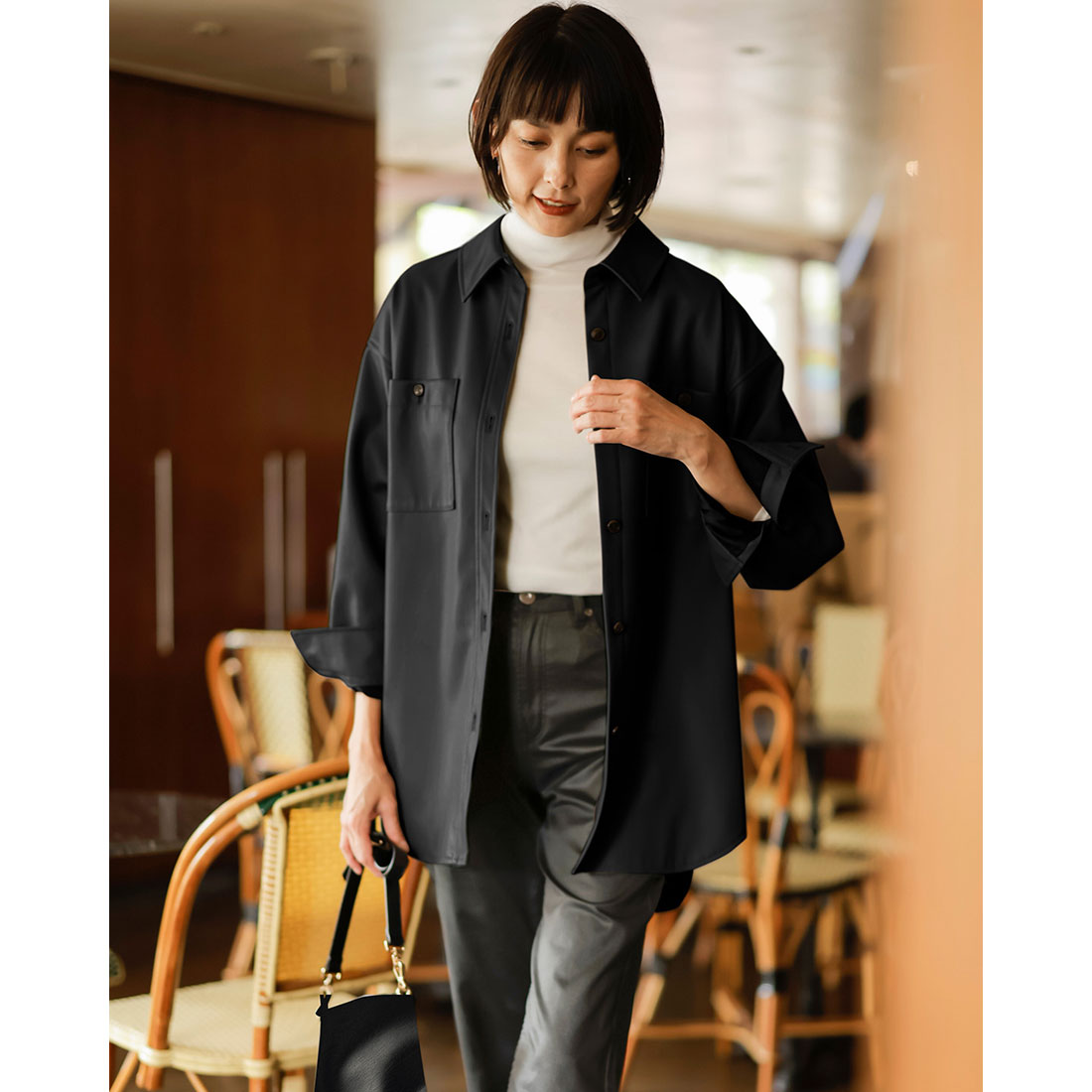 ドゥクラッセ DoCLASSE エコレザー・CPOシャツジャケット,ブラック